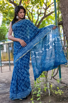 Presenting Handblock Print Gold Zari Border Blue Saree with Blouse