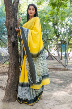 Presenting Handblock Print Gold Zari Border Dark Yellow Saree with Blouse