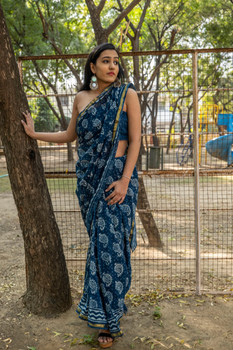 Presenting Handblock Print Gold Zari Border Dark Blue Saree with Blouse