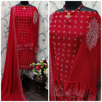 New 2021 Fox Georgette Diamond and Moti Work Balloon Sleeves Red Top with Bottom and Dupatta