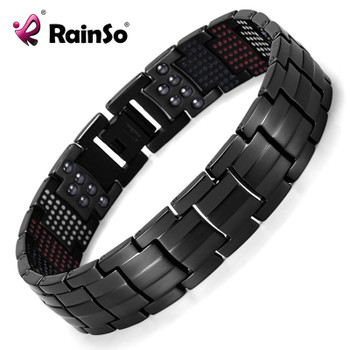 Rainso Unique Mens Health Bracelet Multi Row 4 Elements Therapy Bracelet  Charm Black Titanium Bangles 8"  OTB-1537BK-1