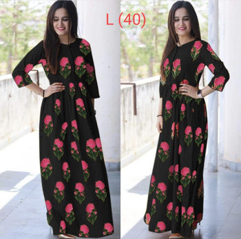 New 2021 Presenting Beautiful heavy Flower camric cotton Printed Kurti-Black-Size-L