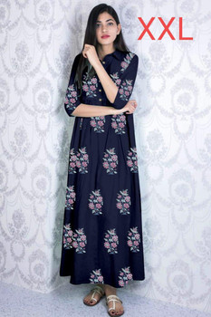 New 2021 Presenting Beautiful heavy Flower camric cotton Printed Kurti-Dark Blue-Size-XXL