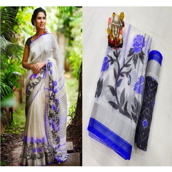 New 2021 Beautiful Designer Pure Lilian Slab Cotton Saree- White (Blue Flower) 