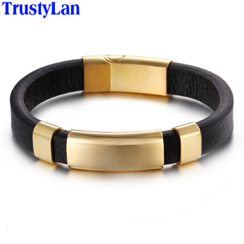 TrustyLan Genuine Black Leather Simple Wrap Men Bracelet Gold Color Steel Wristband Classic Mens Bracelets &amp; Bangles Jewelry