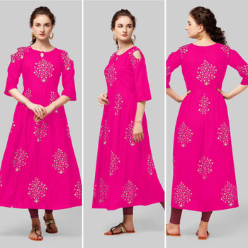  New 2021 Presenting Beautiful Rayon Foil Printed Cotton Gown- Pink-Size-XXL