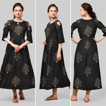 New 2021 Presenting Beautiful Rayon Foil Printed Cotton Gown- Black-Size-L