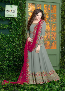 New 2021 Presenting Beautiful Designer suit Georgette with Embroidery work +Stone Work-Gray-Size-46 