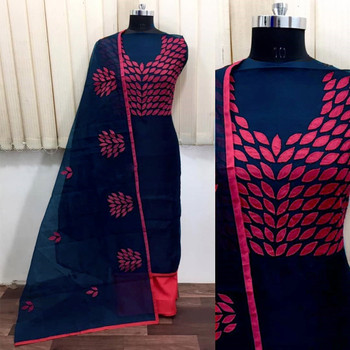 New 2021 Presenting Beautiful Designer Heavy Row Silk And Embroidery Work Dress -Dark Blue-Free Size 