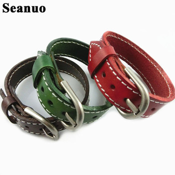 Seanuo 26CM Unisex Men Leather Belt Bracelets &amp; Bangles Adjustable Women Real Leather Wrist cuff Buckle Bracelet Punk Jewelry