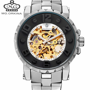 Automatic Mechanical Watch Men Hot Skeleton Watches Silver Bracelet Wristwatch Luxury Brand ORKINA Men's Watch Auto Self-winding