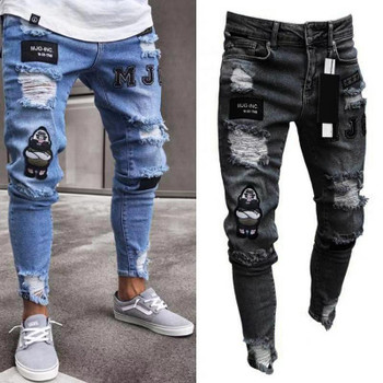 Men denim ripped hole Jeans side high street Jeans Fashion Hip hop Skinny pencil For Men stretch patchwork black 