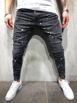 Clothing Fashion Printed Ripped Mens Jeans Hole Stress Style Pencil Pants Zipper Fly Stacked Designer Mens 
