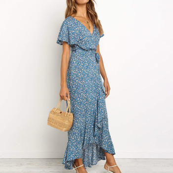 Women Long Maxi Dress Boho Style Floral Print Beach Dress Short Sleeve Sexy Side Split Summer Dress Sundress Vestidos