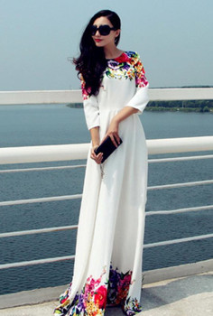 2017 Long Women Party Dresses White Floral Print Maxi Boho Beach Dress Plus Size Robe Casual Vestido Longo Ropa Mujer
