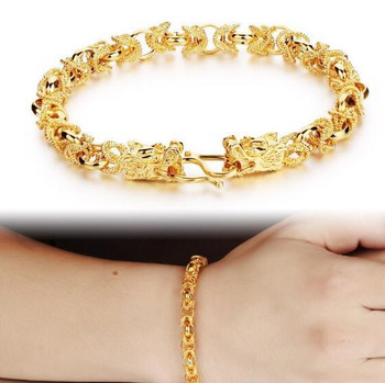 2016 New Fashion new 24K Yellow Gold Plated Man Bracelets Vintage Dragon Head Style Chain & Link Men Bracelet Jewelry 22CM Long
