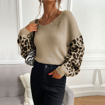Womens V Neck Sweater With Leopard Print Sleeves Womens V Neck Sweater With Leopard Print Sleeves