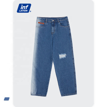 Blue Straight Leg Stonewashed Jeans in Bulk Men Ripped Demin Jeans