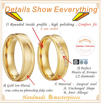 Stainless Steel Rings 14k Gold Plated Couple Wedding Band Ring for Men and Women