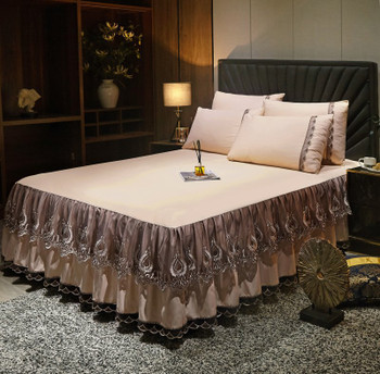 Cheap Bed Skirt Set Pink Florals Lace Brushed Fabric Bedding Set Skirt Set