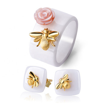 Cute Bee Kiss a Rose Ring Stud Earring 925 Silver Ceramic Jewelry Set for Women