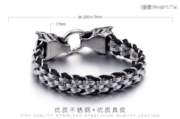 KALEN Stainless Steel Leather Animal Wolf Bracelet Silver Bracelet for Men