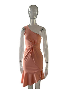 Knee-Length New Women's Dresses Pink Color One-shoulder Knotted Dress Sleeveless