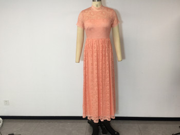 Hollow Out Floral Lace Chiffon Long Dress Elegant Dress Round Neck Women's Dress