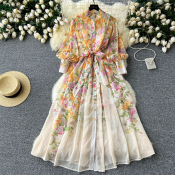 Elegance Lantern Long Sleeved Standing Neck Waist Slimming A-line Women's Dress