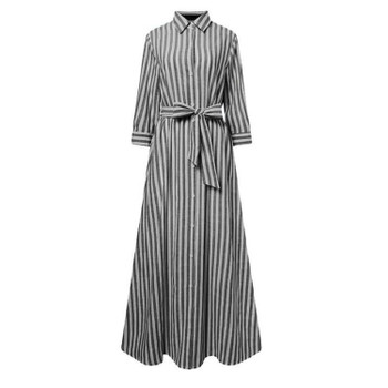 Women's Lapel Stripe Maxi Shirt Dress Casual Elegant Long Sleeve Ladies Dress