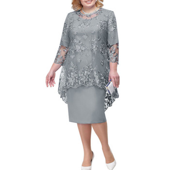O-neck High-waist Embroidery Lace 3/4 Sleeve Evening Midi Dress for Women