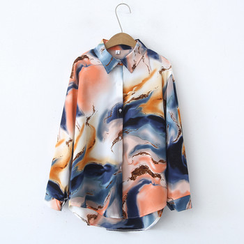 Turn Down Collar Tie Dye Print Vintage Style Satin Women's Blouses and Shirts