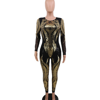 New Design Club Party Round Collar Print Sequin Bodycon Jumpsuit Women