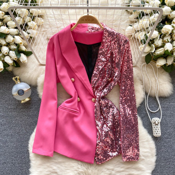 Blazer Elegant Button Party Sequined Patchwork Women Casual Suits