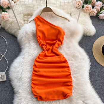 New Sexy Sloping Shoulder Breasted Package Hip Pleated Solid Color Dress