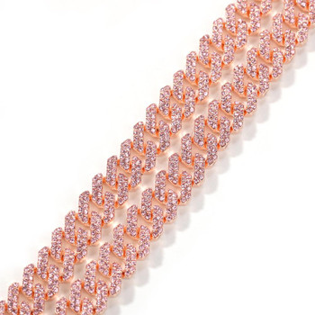 12mm Pink Cuban Chain Iced Out Rhinestone Zinc Alloy Rose Gold Plating Necklace