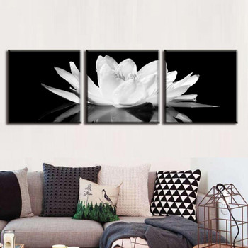 3 Pcs/Set Canvas Print Flower White Lotus In Black Wall Art Picture with Frame Modern Wall Paintings