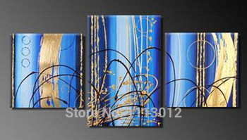 Hand Painted Modern Abstract Oil Painting Blue Line Wall Art Canvas Set 3 Panel Home Decoration Art Picture For Living Room