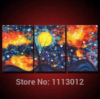 Hand Painted Modern Abstract Oil Painting Wall Art Canvas Set 3 Panel Tree Moon Home Decoration Picture For Kitchen Living Room