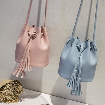 Bokinslon Tassel Shoulder Bags Girls PU Leather Retro Woman Crossbody Bags Solid Color Fashion Drawstring Female Bags