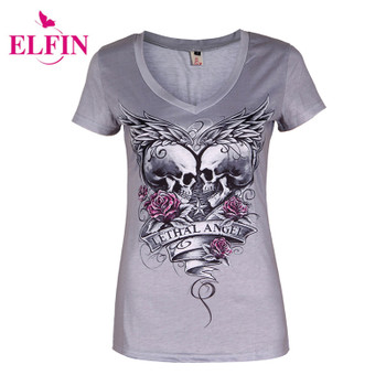 Skull Print T-Shirt Causal Women Short Sleeve V-Neck Punk Style Skull Print  T-Shirt Tee Tops S-5XL Women Clothing LJ8593R