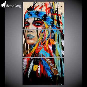 HD printed 3 piece canvas art native American Indian with feather Painting wall picture for livingroom 2018 dropshipping NY-5786