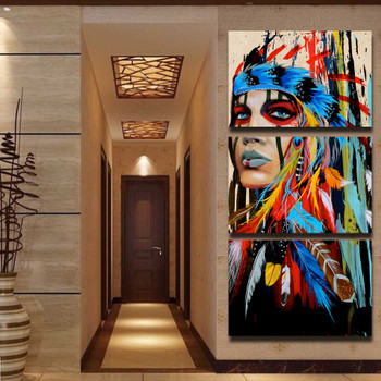 HD printed 3 piece canvas art native American Indian with feather Painting wall picture for livingroom 2018 dropshipping NY-5786