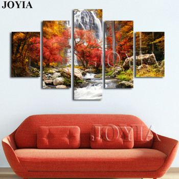 5 Piece Multi Pictures Colorful Forest Waterfall Beautiful Landscape Paintings For Living Room Wall Decor Canvas Art No Frame