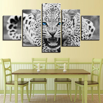 Wall Art HD Prints Pictures Framework 5 Pieces Blue Eyes Leopard Tiger Canvas Paintings Home Decor Black And White Animal Poster