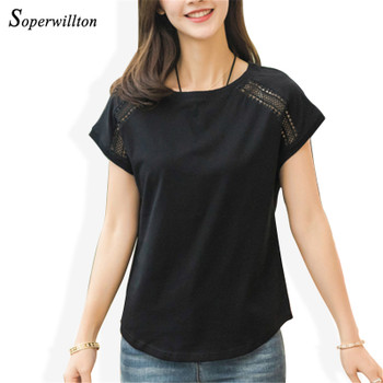 Summer Solim Casual T Shirt Women 2018 Hollow Out Lace Sleeve Kawaii T-Shirt For Women Tops Female White Tees shirts Black #T21