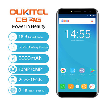 Oukitel C8 4G 5.5 Inch 18:9 Aspect Ratio Infinity Display Android 7.0 2GB RAM 16GB Quad Core 3000mAh 13MP Fingerprint Smartphone