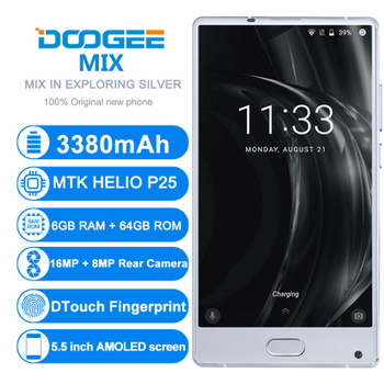 2018 Original DOOGEE MIX Mirrow Silver Smartphone Android 7.0 Dual Cameras 5.5Inch MTK Helio Octa Core 6GB+64GB LTE 3380mAh P25