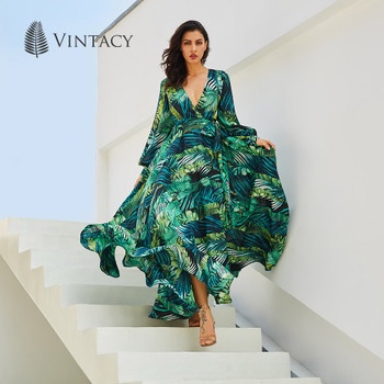 Vintacy Long Sleeve Dress Green Tropical Print Vintage Maxi Dresses Boho Casual V Neck Belt Lace Up Tunic Draped Plus Size Dress