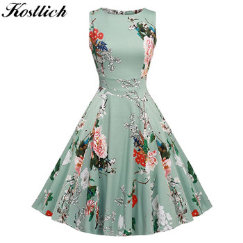 Kostlich Floral Print Summer Dress Women 2024 Sleeveless Tunic 50s Vintage Dress Belt Elegant Rockabilly Party Dresses Sundress